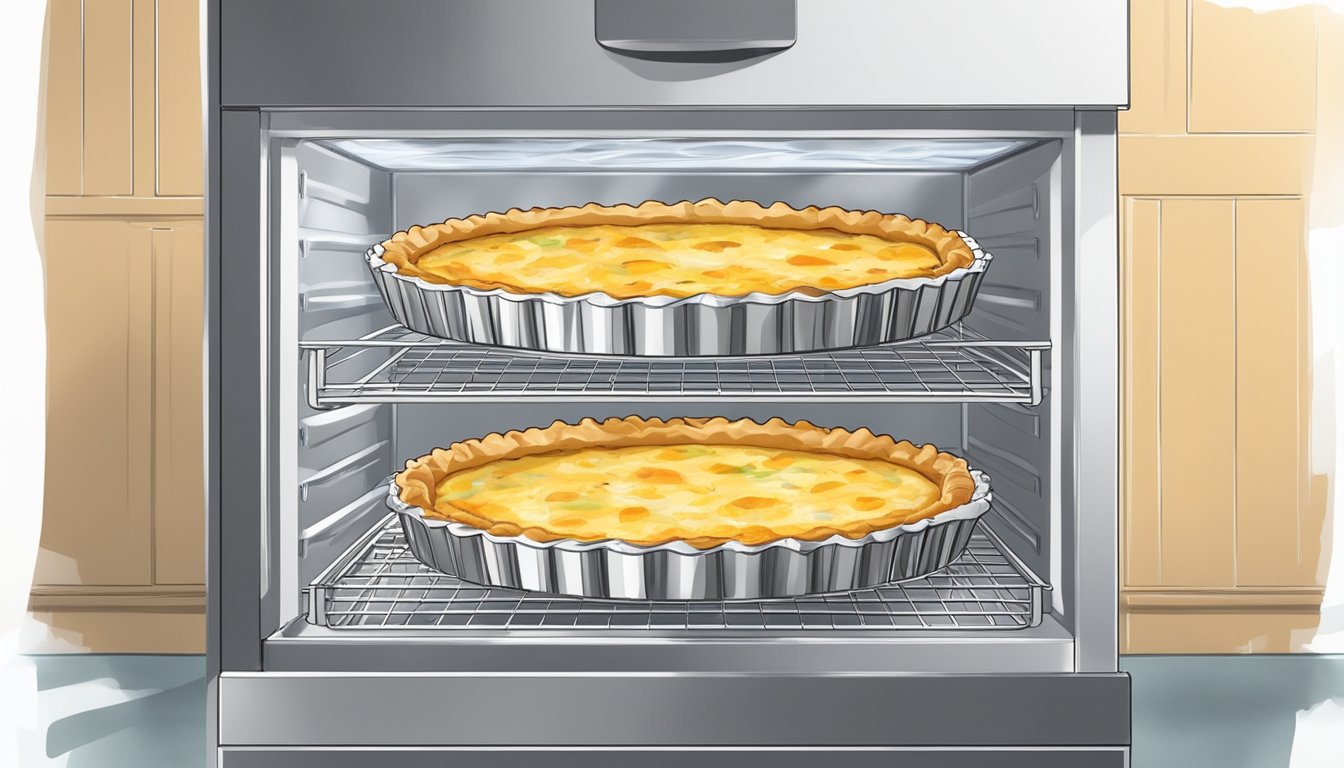 A quiche sits on a cooling rack, surrounded by plastic wrap and aluminum foil. The freezer door is open, revealing other frozen foods