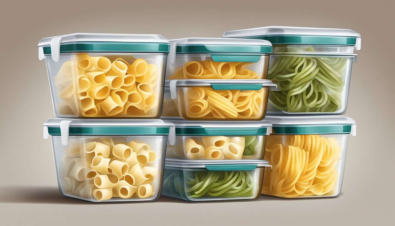 Airtight containers filled with cooked pasta, sealed with plastic wrap, and placed in the freezer