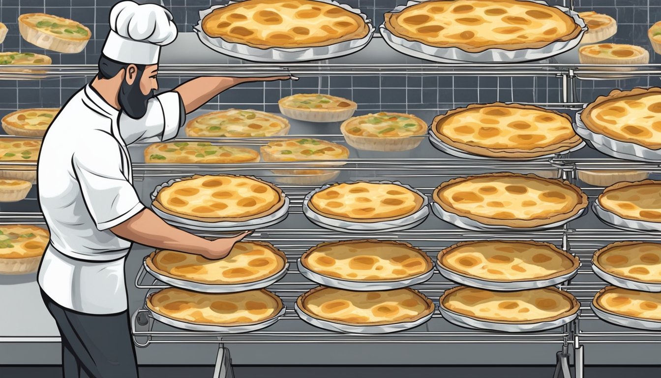 A chef placing freshly baked quiches on a wire rack to cool before wrapping and labeling them for the freezer