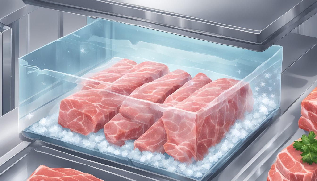 Raw meat being carefully wrapped in plastic and placed in a freezer. Ice crystals forming on the surface as it freezes. Later, the meat being thawed in the refrigerator before cooking