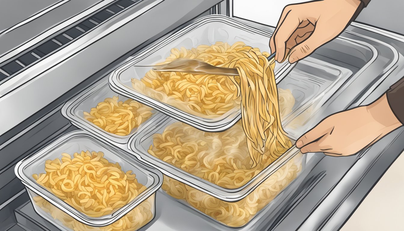 A hand placing a container of cooked pasta into a freezer, with a label indicating freezing instructions for quick dinners