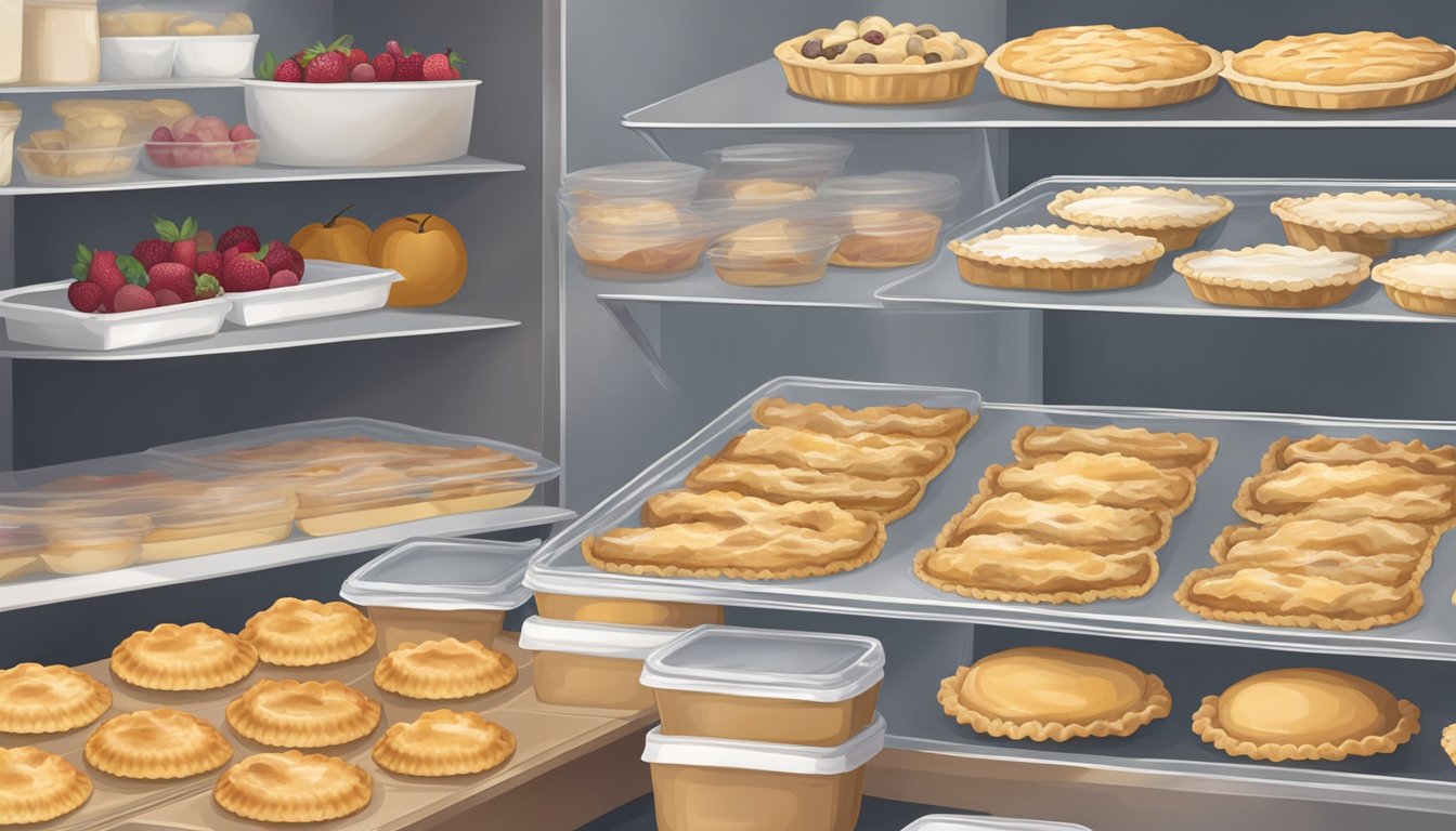 Unbaked pies being carefully wrapped in plastic and placed in the freezer next to bags of frozen fruit and containers of homemade pie crust