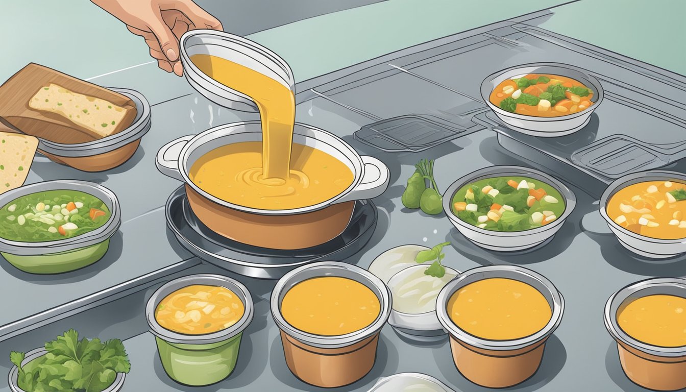 A pot of homemade soup being poured into individual containers, then placed in the freezer