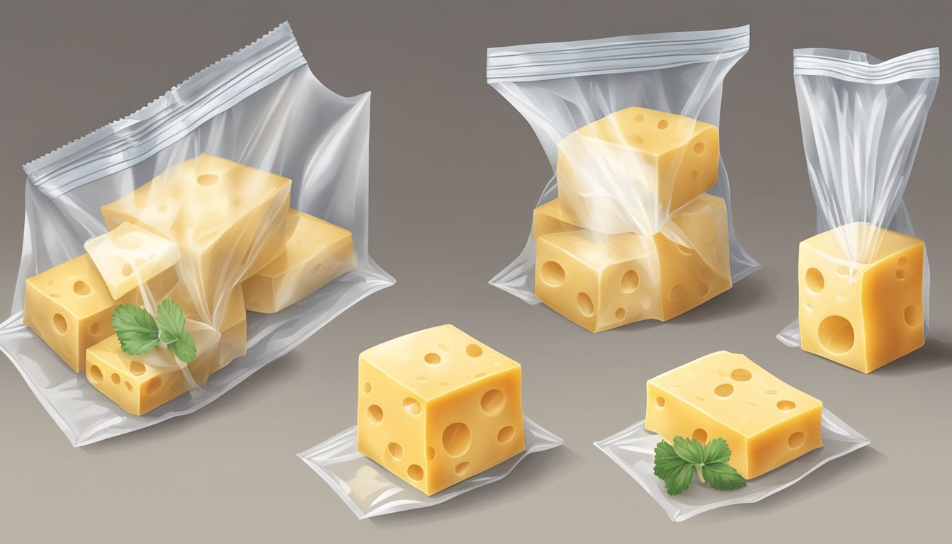 A block of cheese being carefully wrapped in wax paper and then placed inside a resealable plastic bag before being placed in the freezer