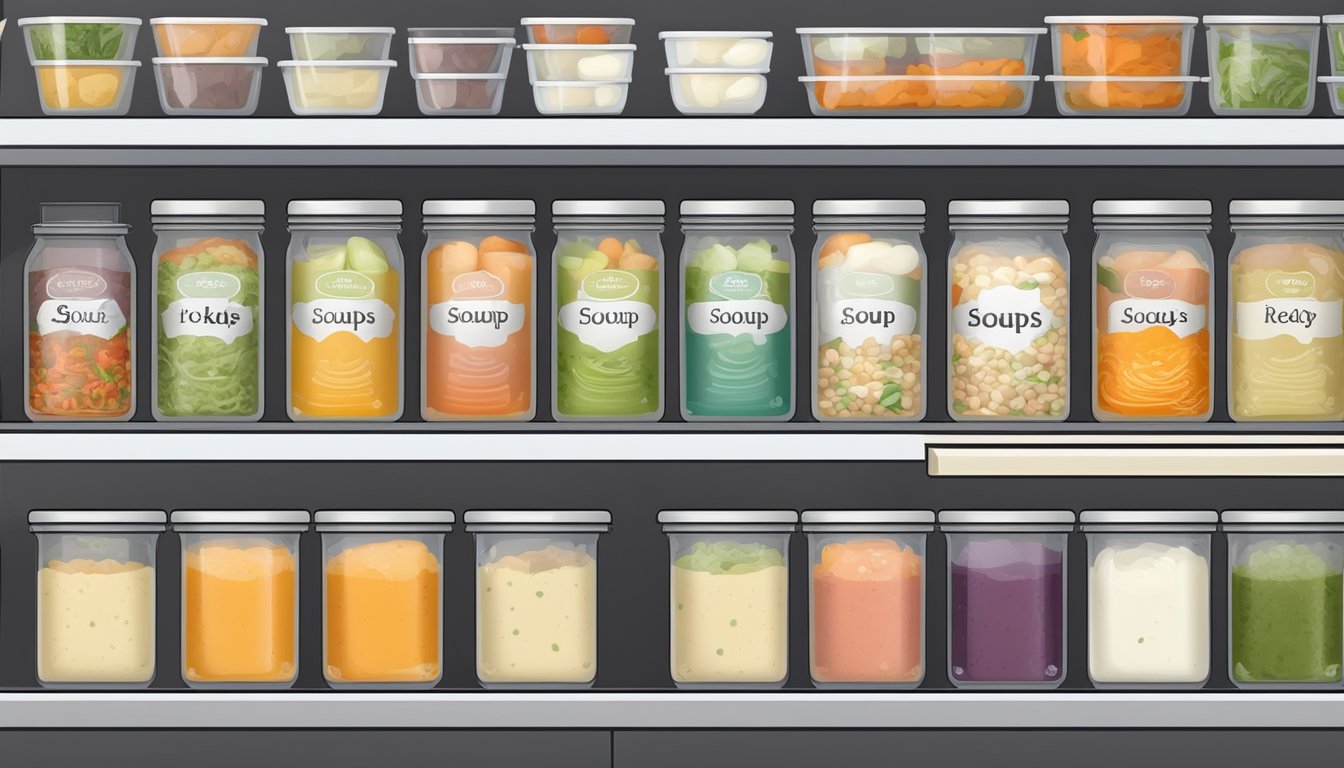 A freezer shelf with neatly stacked containers of various homemade soups, labeled and ready for quick and convenient meals