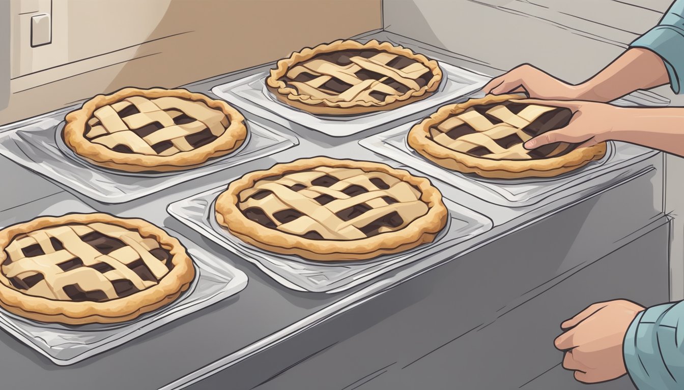 A hand placing unbaked pies on a baking sheet, wrapping them in plastic wrap, and placing them in the freezer