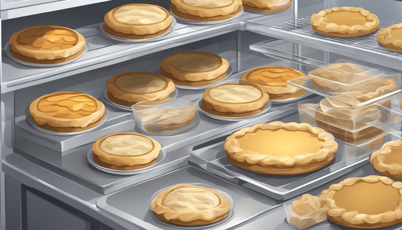 A kitchen counter with various unbaked pies wrapped in plastic and placed in the freezer