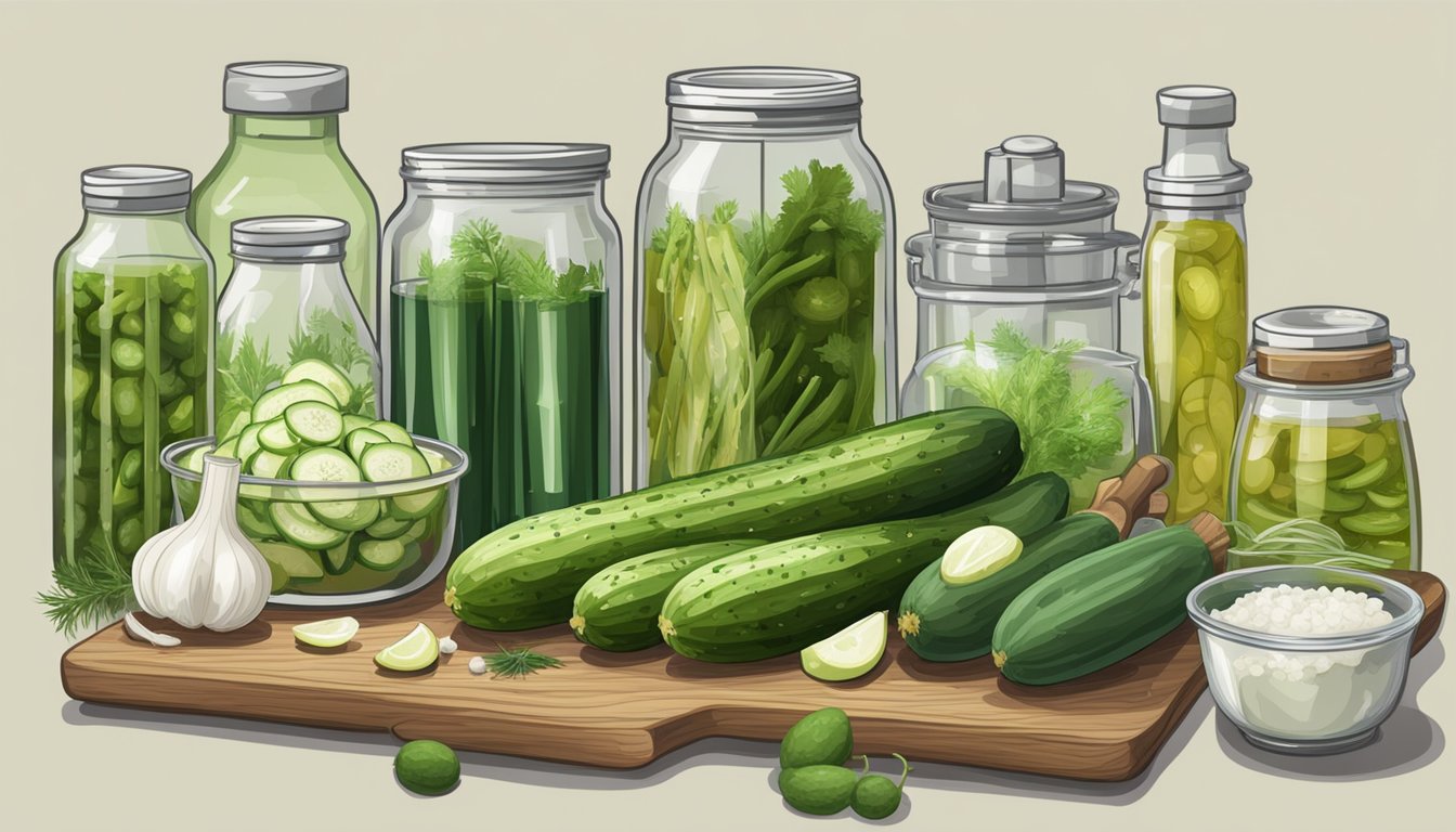 A table filled with various pickling ingredients, such as cucumbers, dill, garlic, and vinegar, alongside scientific equipment like beakers and test tubes