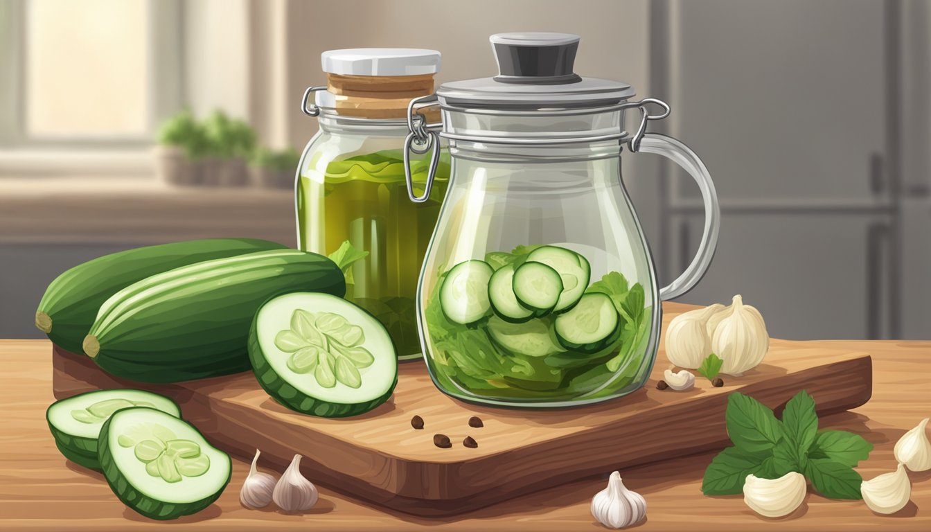 A bubbling pot of vinegar and spices infusing with sliced cucumbers in a glass jar, surrounded by herbs and garlic cloves on a wooden cutting board