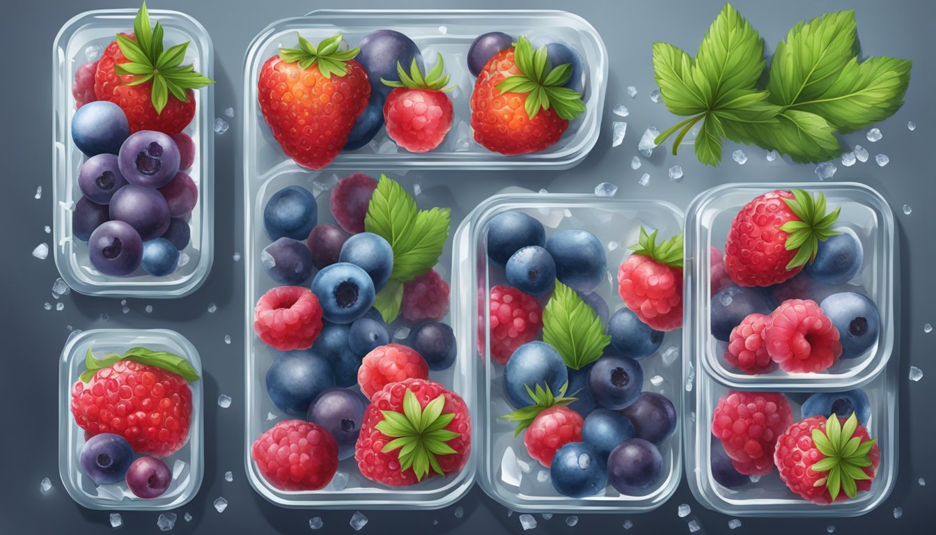 Fresh berries in airtight containers, placed in the freezer. Ice crystals forming on the berries due to improper storage