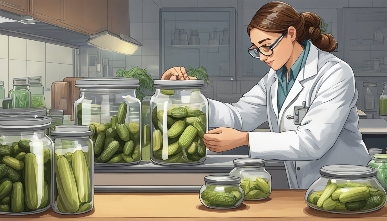 A scientist in a lab coat carefully measures ingredients while a bubbling jar of pickles sits on a counter next to a stack of scientific journals