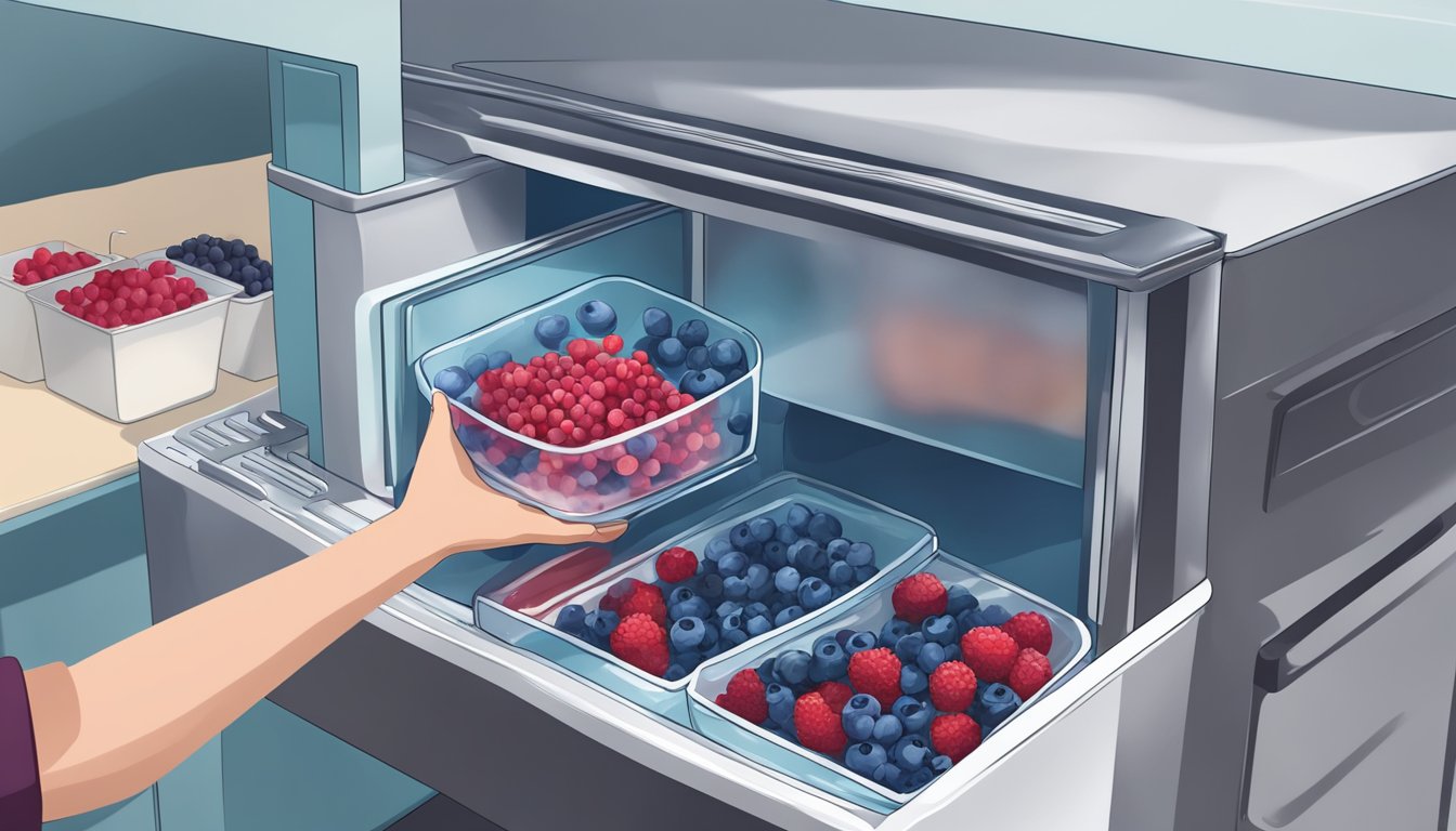 A hand reaching into a freezer, pulling out a bag of frozen berries. A bowl of thawed berries sits on the counter next to a blender