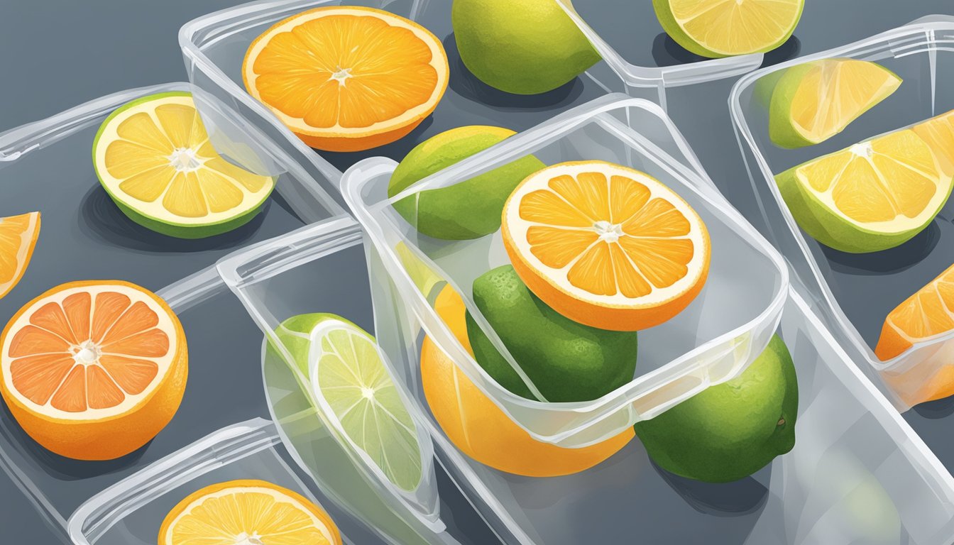 Citrus fruits being zested and juiced, then placed in freezer bags for storage