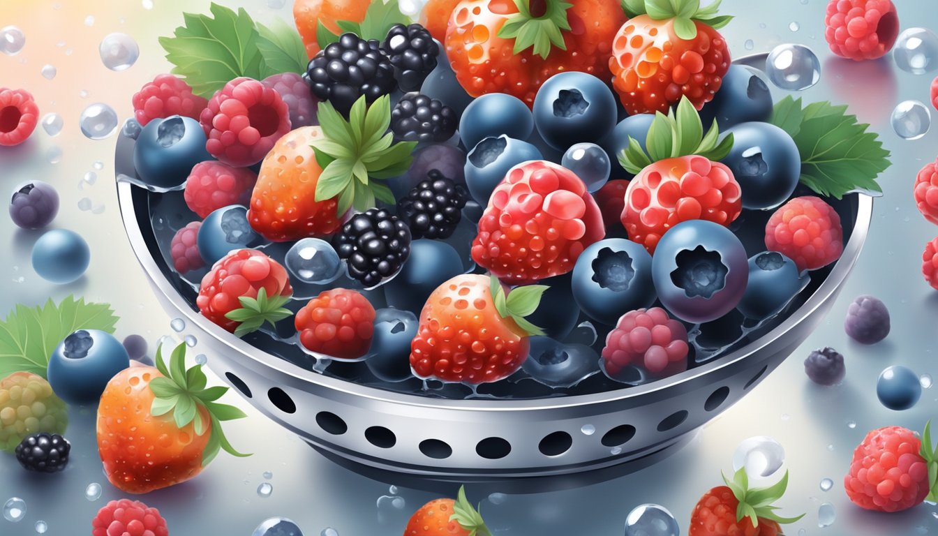 Fresh berries in a colander, water droplets glistening, surrounded by scattered ice cubes on a clean kitchen counter