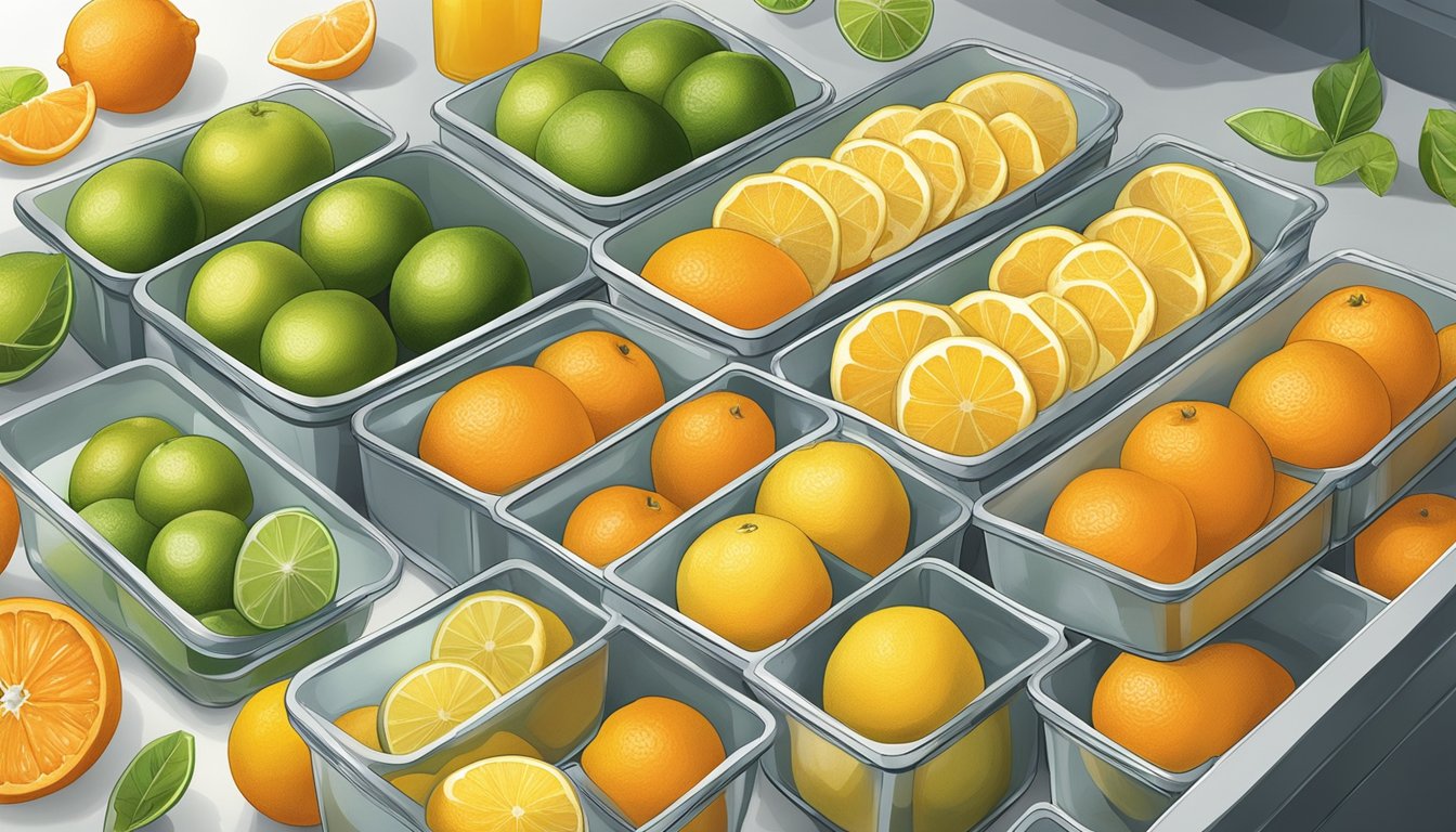 Citrus fruits being zested and juiced, then stored in airtight containers in a freezer