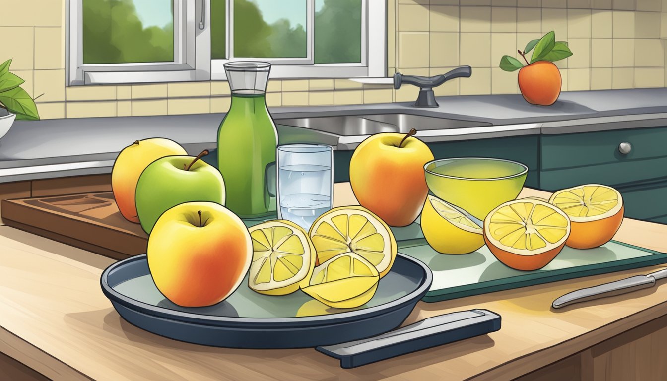 A kitchen counter with a cutting board and knife slicing apples, a bowl of lemon water, and a tray of sliced apples ready for freezing