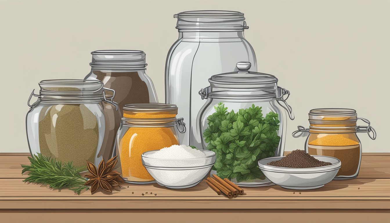 A wooden table with various jars, herbs, and spices scattered around. A large mixing bowl sits in the center, filled with water and salt