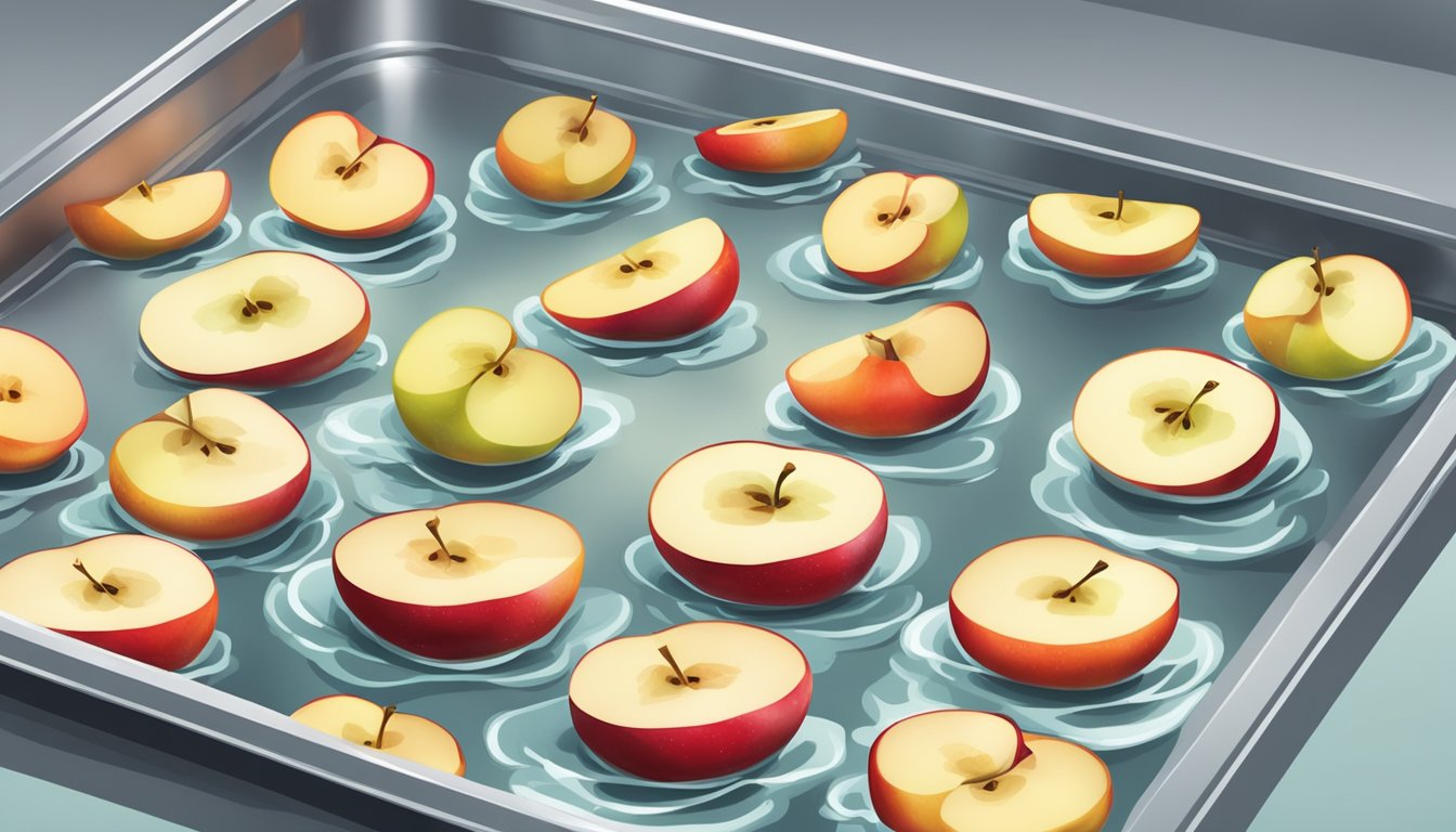 Sliced apples arranged on a baking sheet, being blanched in boiling water, then transferred to an ice bath before being spread out to freeze on a tray