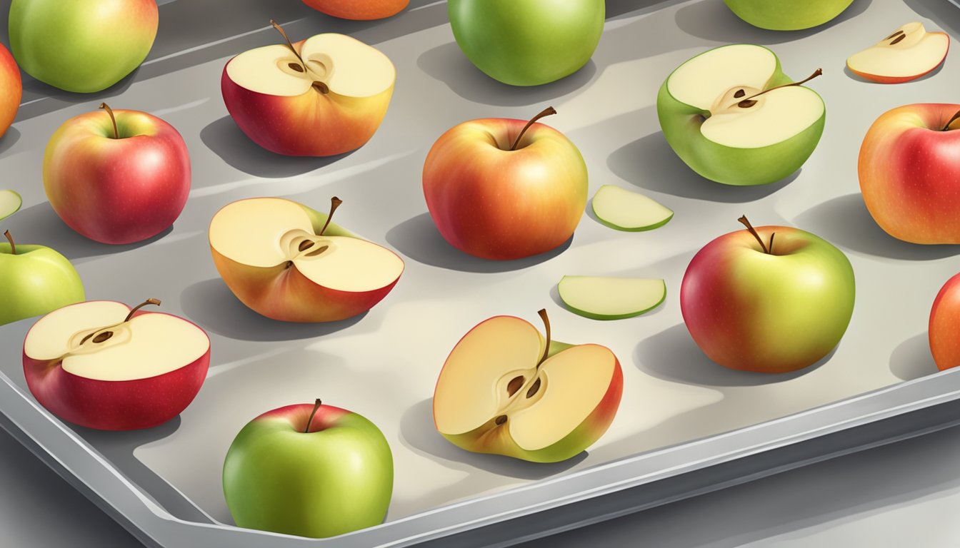 Sliced apples arranged on a baking sheet, covered with parchment paper, and placed in the freezer