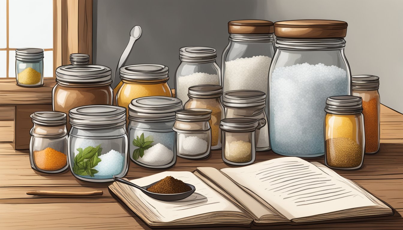 A wooden table with various jars, spices, and containers of salt and water. A book on brine making is open, with handwritten notes and a brine recipe