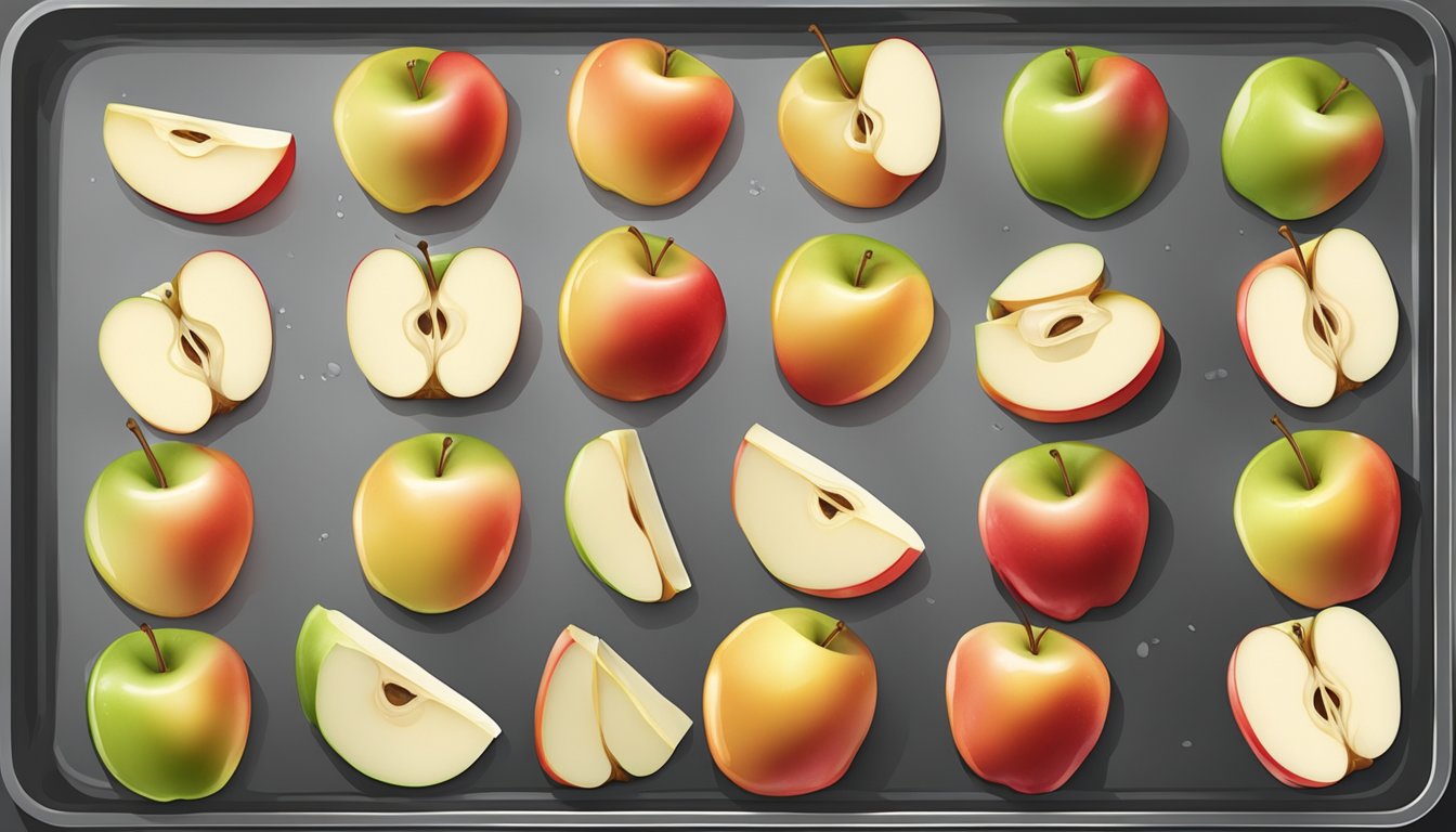 Sliced apples coated in syrup, arranged on a baking sheet, then placed in the freezer