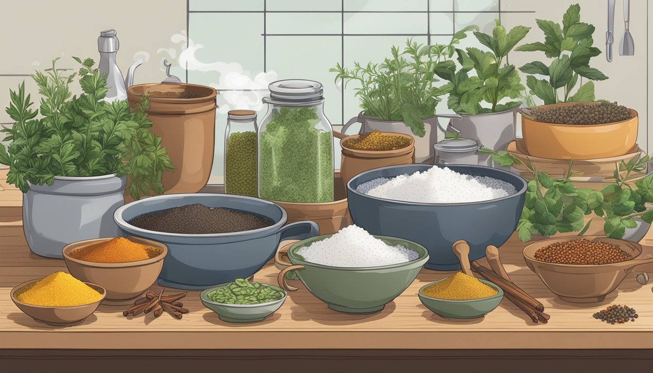 A table filled with various containers, herbs, and spices. A large pot of boiling water steams in the background. Ingredients are being carefully measured and mixed together