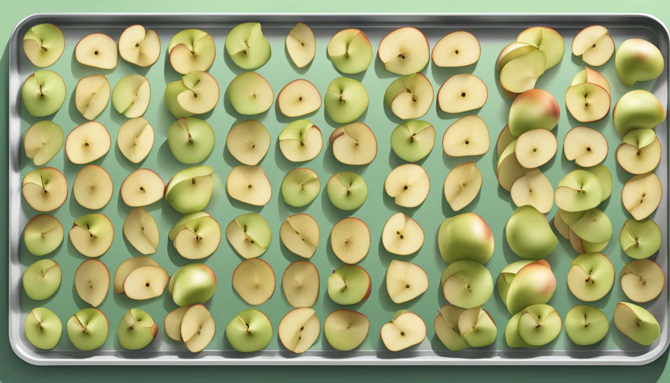 Fresh apple slices being carefully arranged on a baking sheet, then placed in a freezer