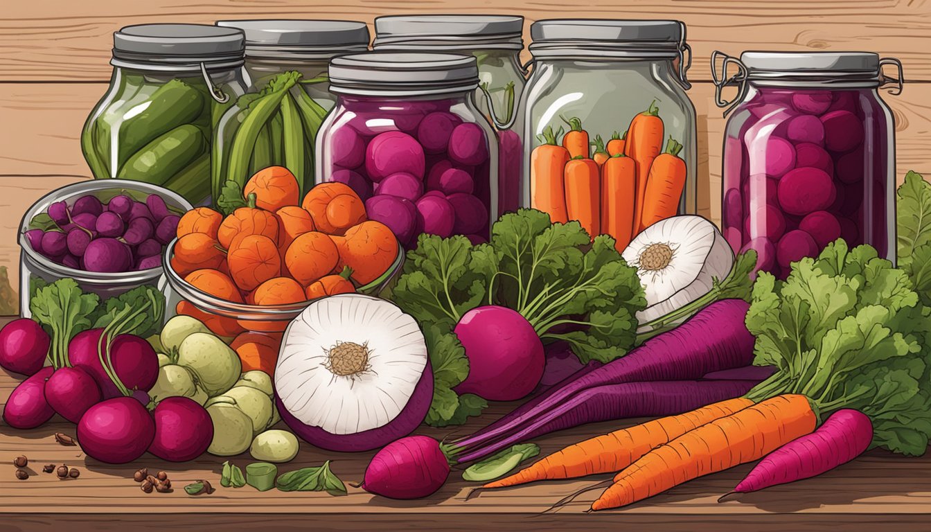 A colorful array of assorted vegetables, such as radishes, carrots, and beets, arranged on a rustic wooden table with jars of pickling brine and various spices