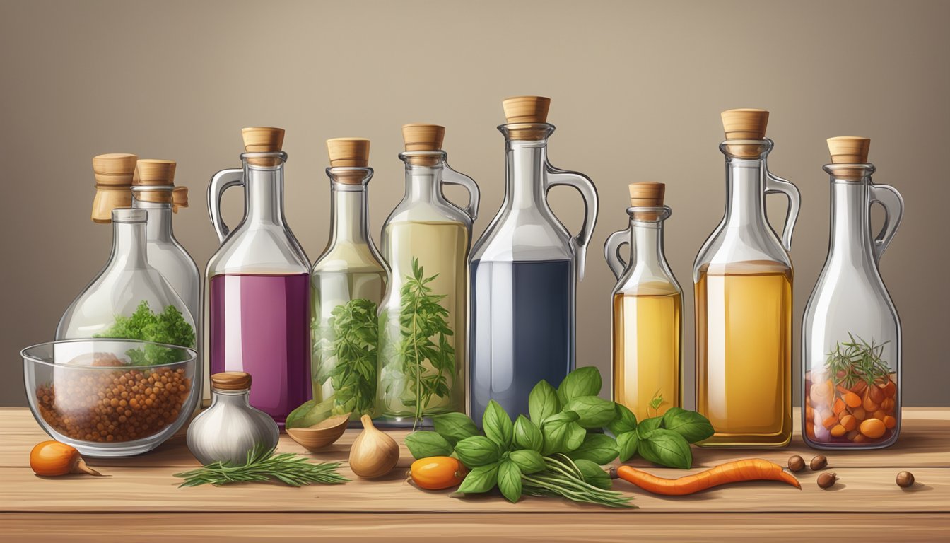 A variety of vinegar bottles lined up on a wooden table, surrounded by fresh herbs and spices, with a measuring cup and mixing bowl nearby