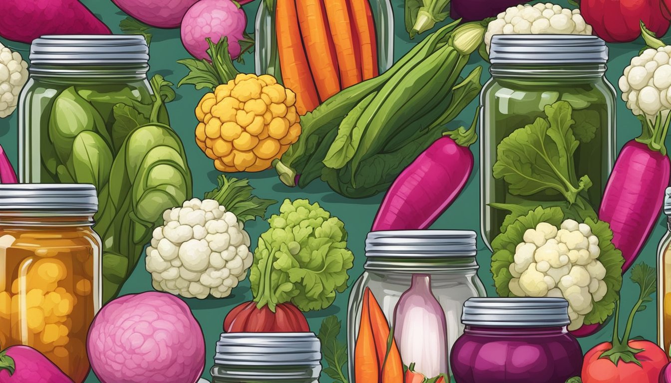 A variety of colorful and unique vegetables, such as okra, radishes, and cauliflower, are arranged in glass jars filled with pickling liquid