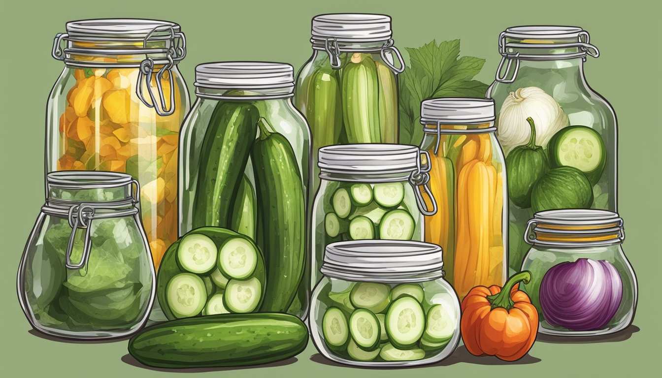 A variety of foods, such as cucumbers, onions, and peppers, are being submerged in different types of vinegar in glass jars, ready for pickling