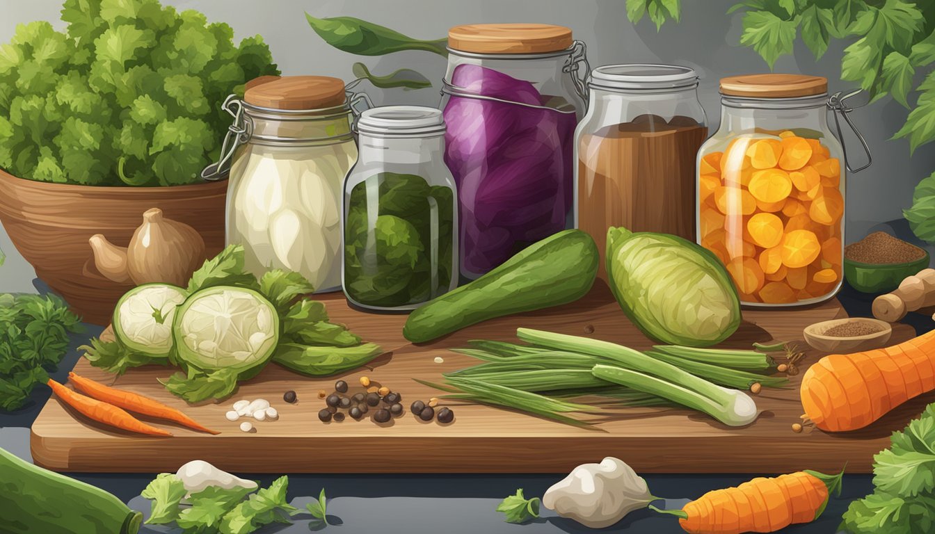 Various exotic vegetables and spices arranged on a wooden cutting board, with jars of pickling liquid and a mortar and pestle nearby