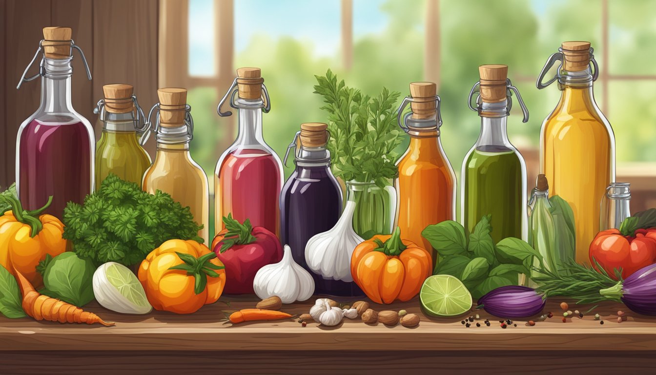 A variety of vinegar bottles lined up on a wooden table, surrounded by fresh herbs, spices, and colorful vegetables ready for pickling