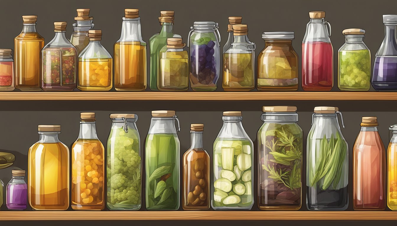 A variety of vinegar bottles lined up on a shelf, with different types and colors of vinegar visible through the glass. A jar of pickled goods sits next to them, showcasing the end result of the pickling process