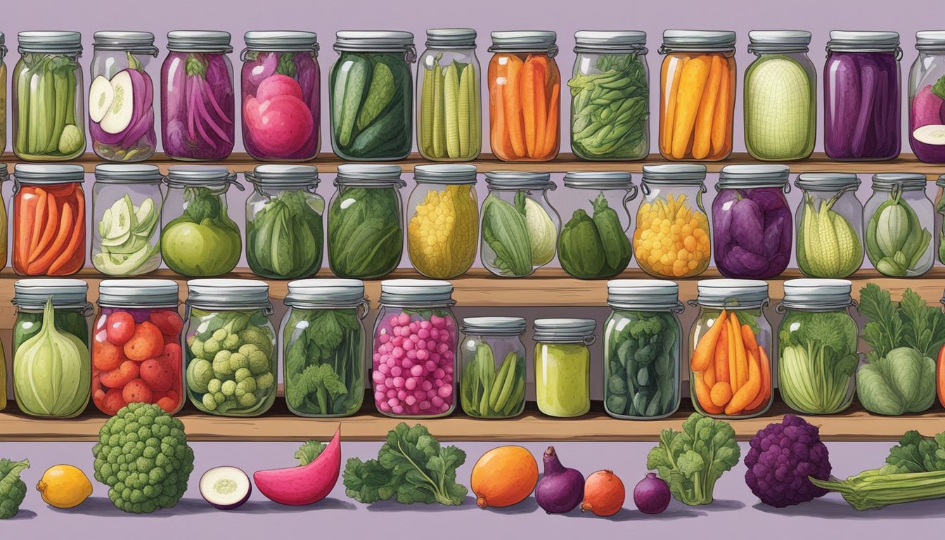 A colorful array of exotic vegetables, from purple cauliflower to watermelon radishes, sit in glass jars filled with brine and spices. The vibrant assortment showcases the diverse world of pickling beyond cucumbers