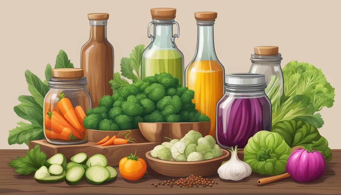 Various colorful and unusual vegetables arranged on a wooden cutting board, surrounded by jars, vinegar, and spices