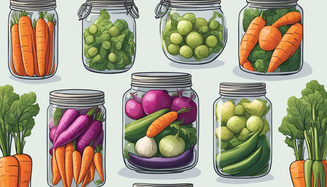 A colorful array of unique vegetables, such as radishes, carrots, and okra, sit in jars of various sizes filled with vibrant brine