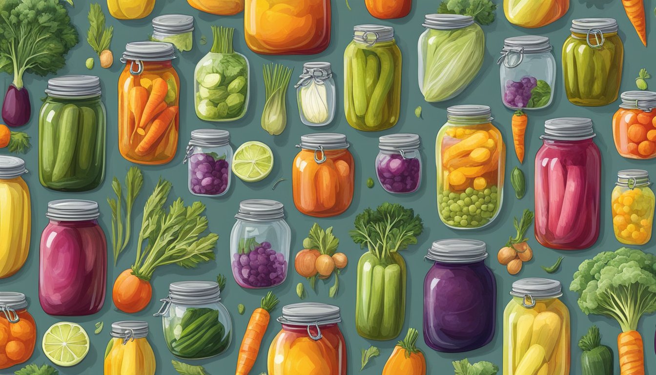 A colorful array of assorted vegetables and jars, with a focus on the pickling process and sustainable kitchen practices