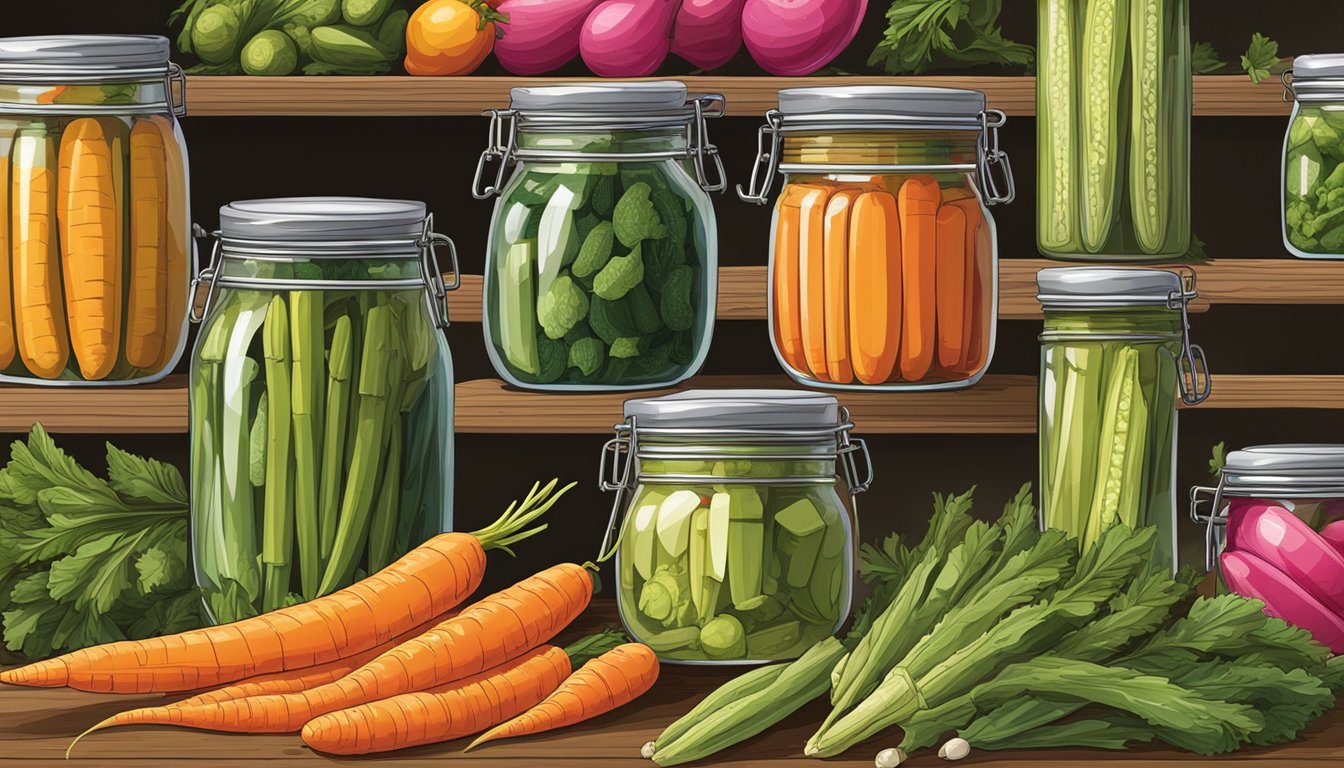 A variety of unusual vegetables, such as okra, radishes, and carrots, are being pickled in an artisanal kitchen. Jars of colorful pickled vegetables line the shelves, showcasing the advanced techniques of the pickler