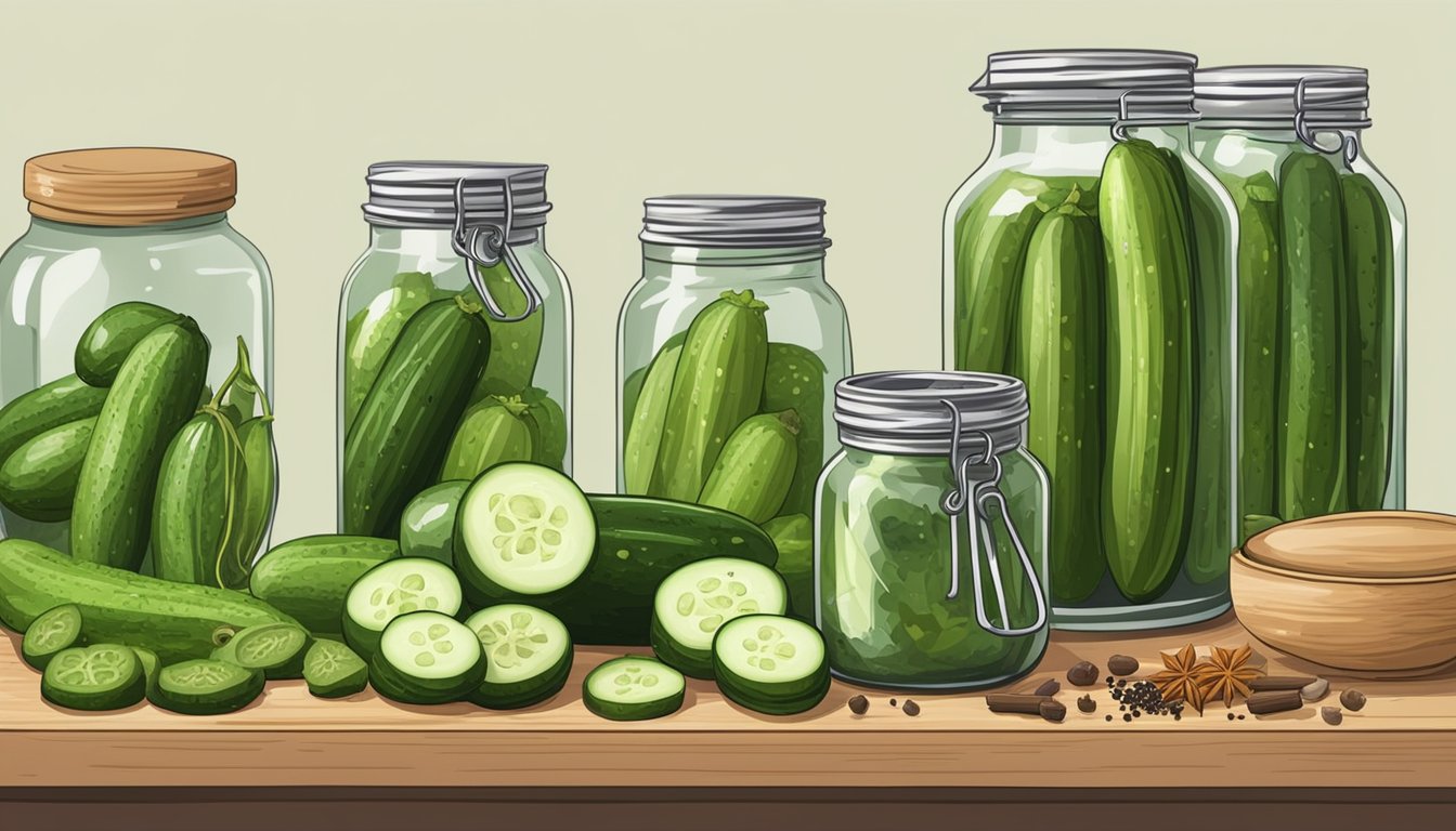 Fresh cucumbers being washed and sliced, surrounded by jars, vinegar, and spices for pickling