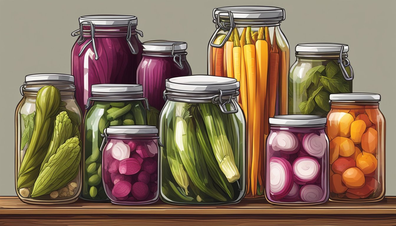 A colorful array of pickled vegetables, from beets to okra, displayed in glass jars on a rustic wooden table