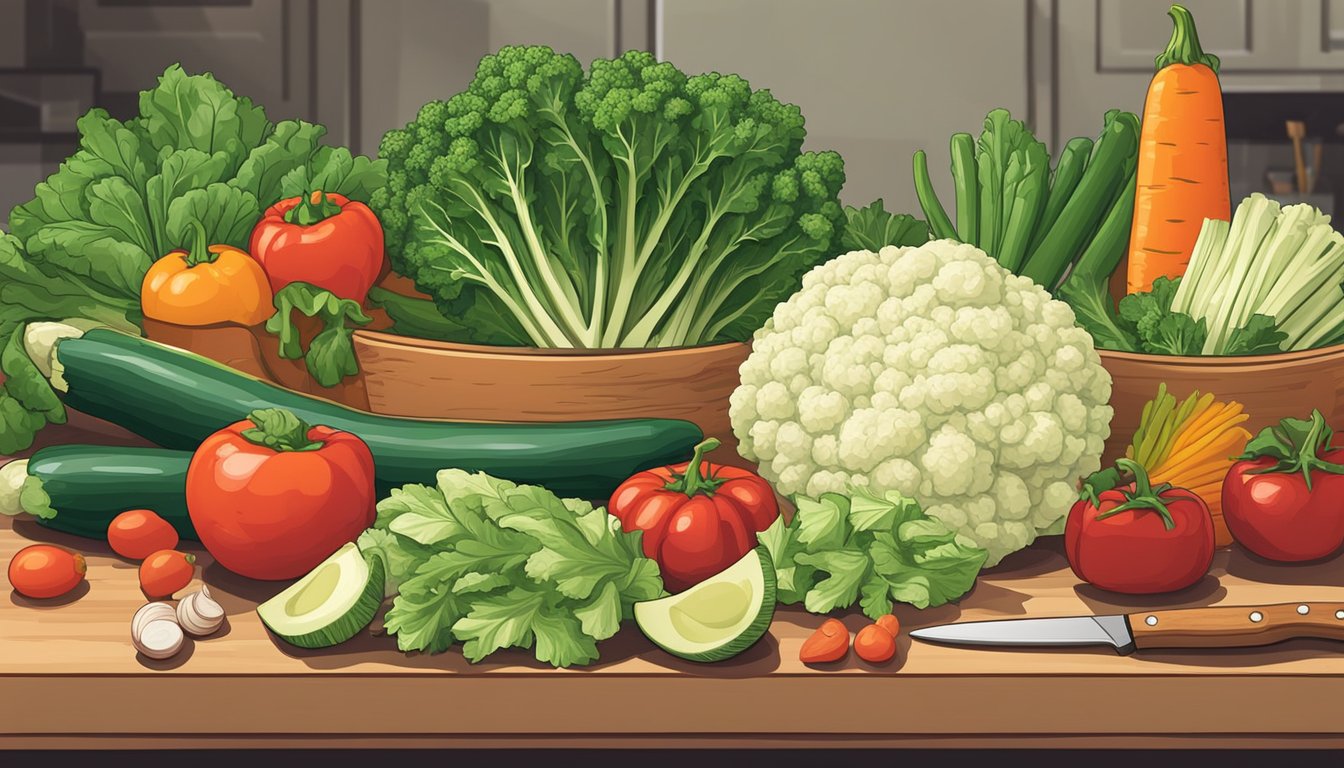 A variety of fresh vegetables laid out on a cutting board, with a knife and cutting board in the background, ready to be chopped and prepared for freezing