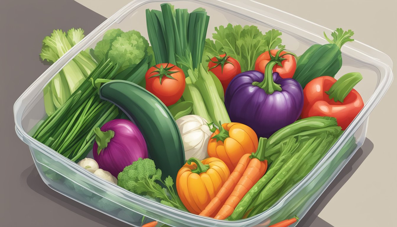 A variety of fresh vegetables arranged neatly in a freezer bag, ready to be frozen for future use in stir fry and soups