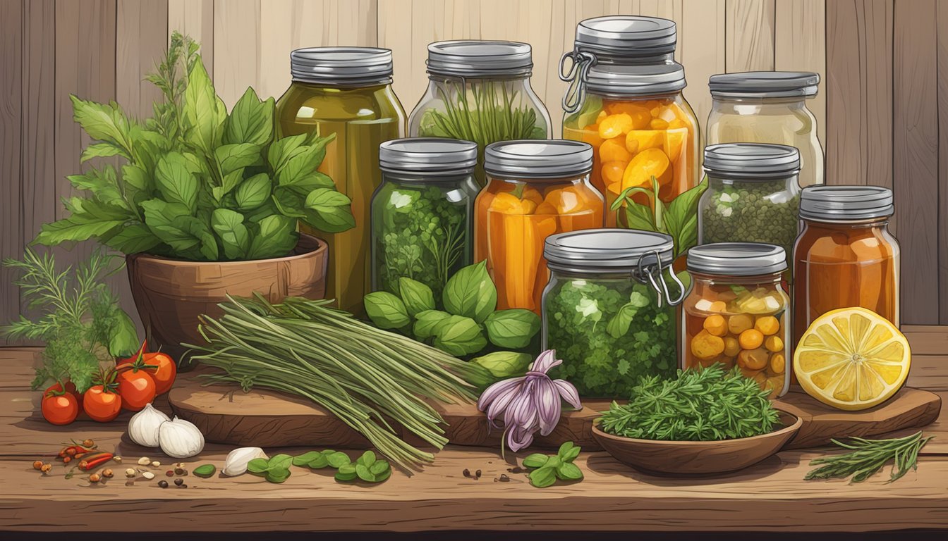 A colorful array of fresh herbs, spices, and pickling ingredients arranged on a rustic wooden table, surrounded by jars and bottles