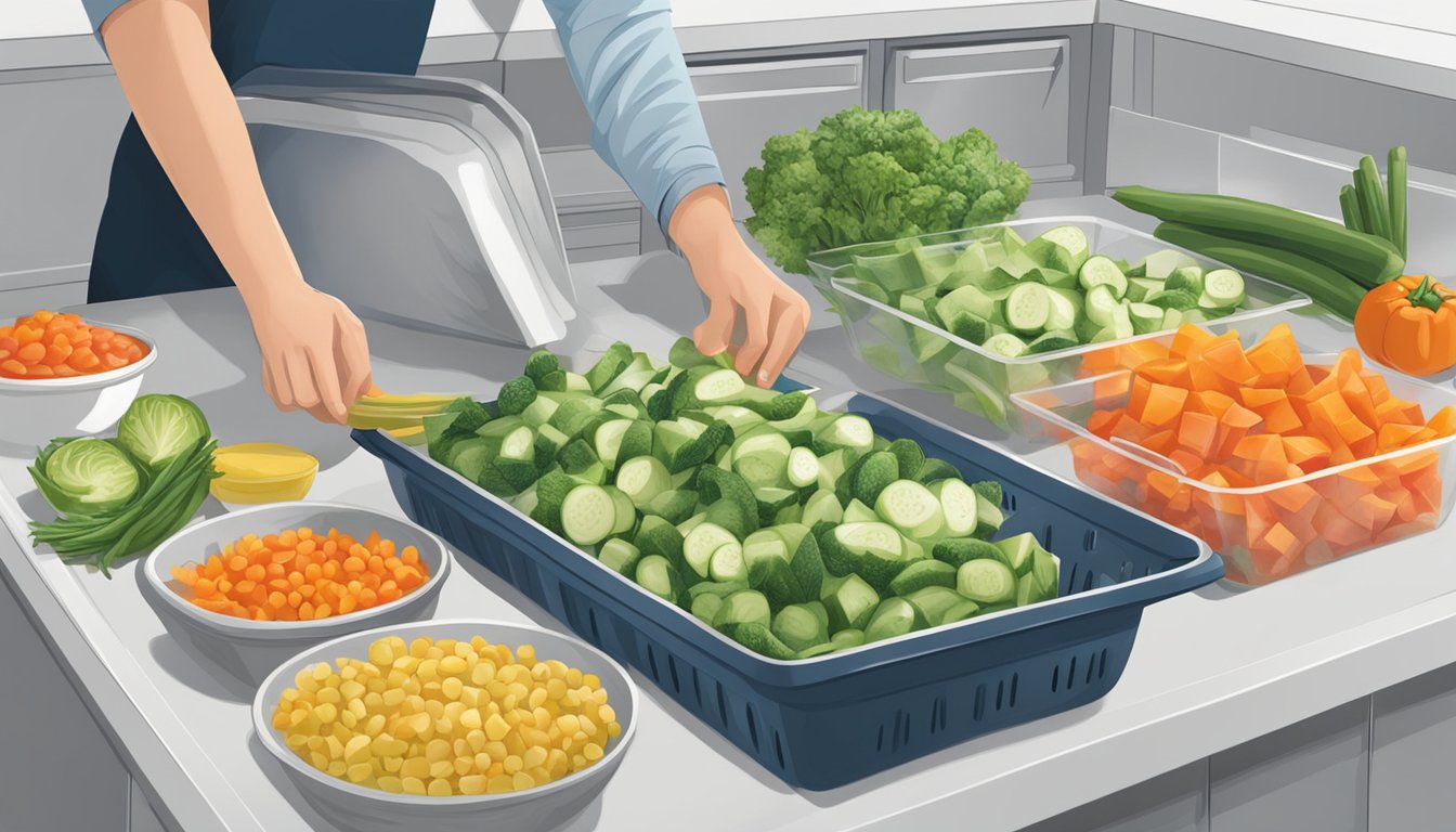 Assorted vegetables being chopped, blanched, and placed in freezer bags