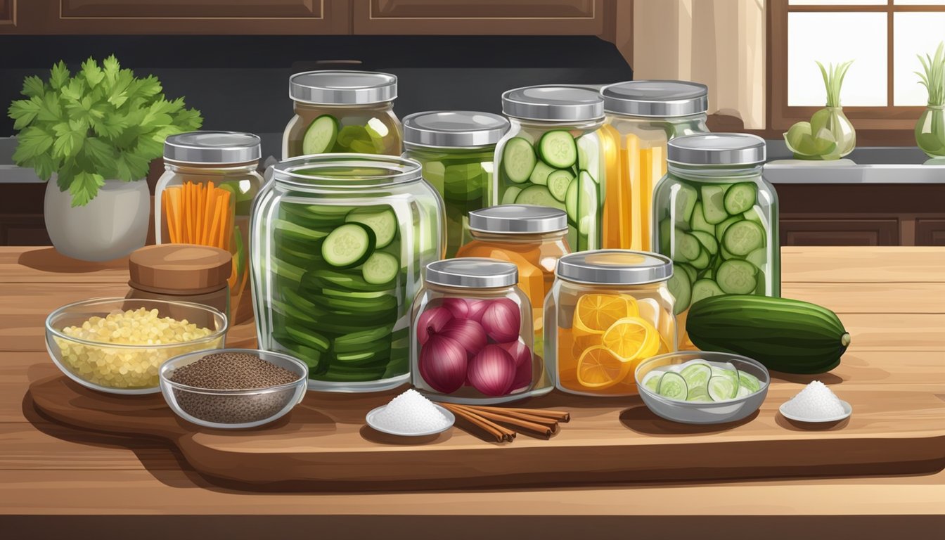 A table with jars, lids, and tongs. Bowls of spices, vinegar, and salt. A cutting board with fresh cucumbers and onions. A large pot for boiling water