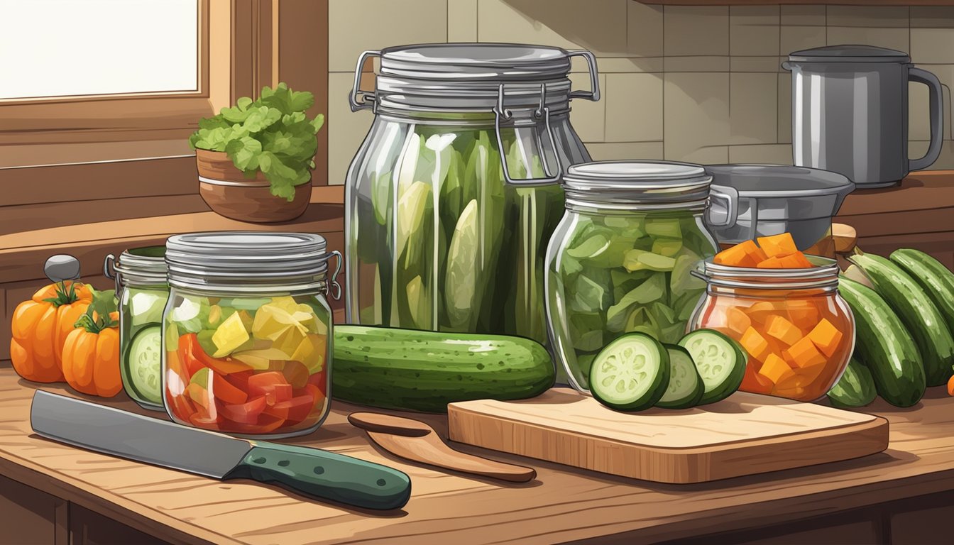 A kitchen counter with assorted pickling equipment and ingredients: jars, lids, cucumbers, vinegar, salt, and spices. A cutting board with a knife and a bowl of sliced vegetables