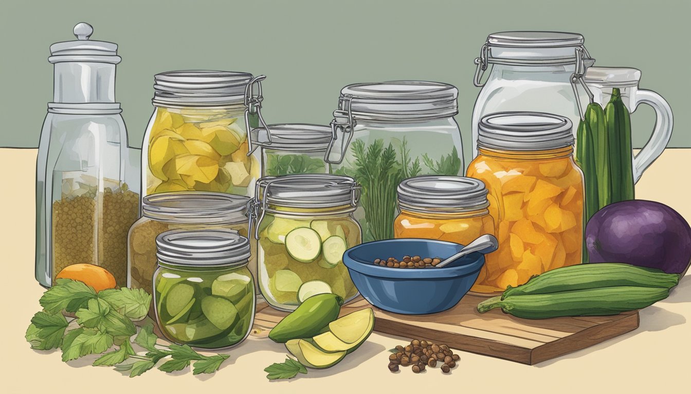 A kitchen counter with assorted pickling equipment and ingredients, including jars, vinegar, spices, and fresh produce. A book titled "Mastering Pickling Techniques and Recipes" open to a page on essential equipment and techniques