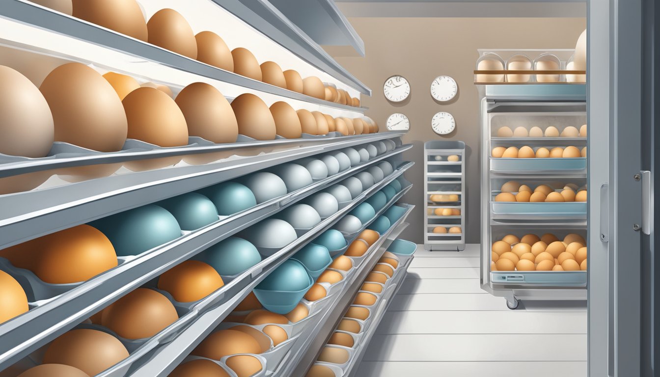 Eggs being carefully placed in airtight containers and then stored in a freezer, with a calendar on the wall marking the extended shelf life