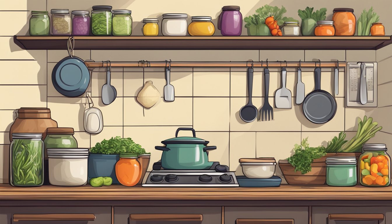 A small urban kitchen with shelves lined with jars of pickled vegetables, a cutting board with fresh produce, and a pot of boiling brine on the stove